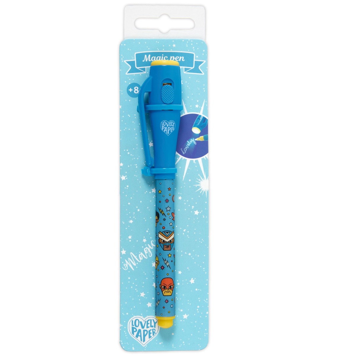 Das Bild zeigt den Zauberstift Ben von Lovely Paper in einer blauen Verpackung. Der Stift ist blau und mit bunten Motiven verziert.