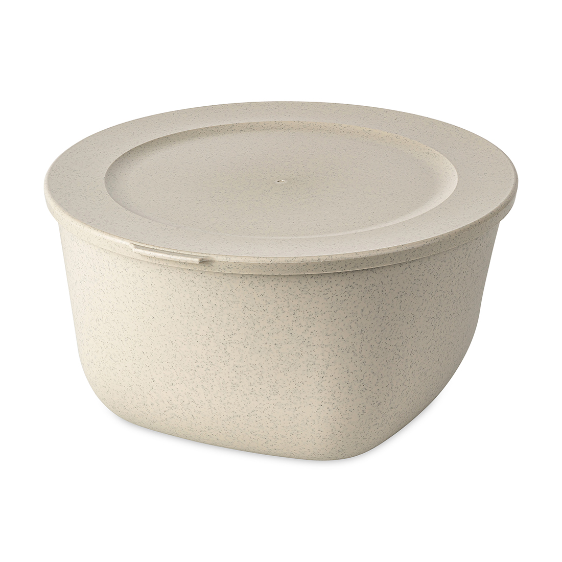 Auf dem Bild ist ein runder, beigefarbener Kunststoffbehälter mit Deckel zu sehen. Der Behälter hat eine glatte Oberfläche mit feinen Sprenkeln.