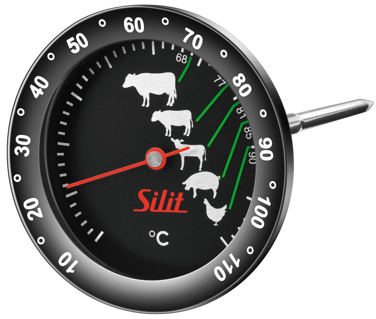 Das Bild zeigt ein Bratenthermometer der Marke Silit mit der Bezeichnung "Sensero". Auf der Anzeige sind verschiedene Tiere abgebildet, um die optimale Kerntemperatur für verschiedene Fleischsorten zu zeigen.