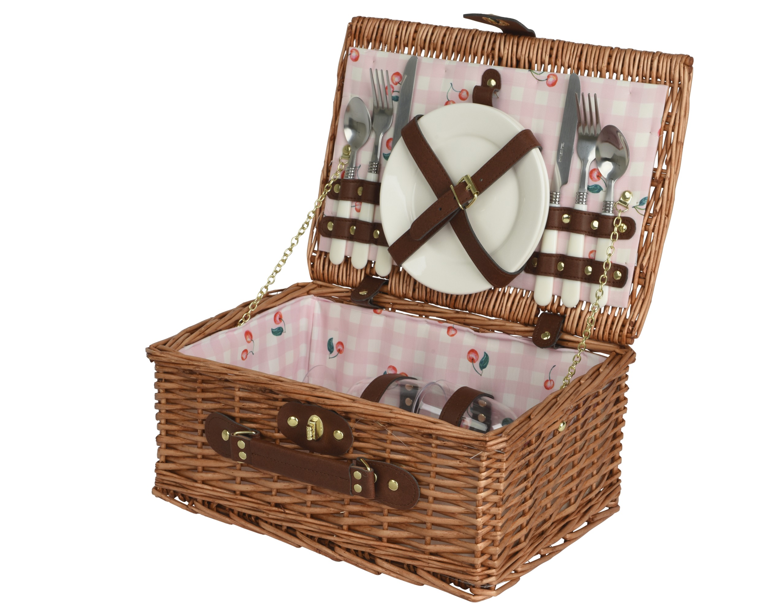 Picknick-Set aus Korbmaterial in Pink oder anderen Farben. Es zeigt das Set aus einem anderen Blickwinkel.