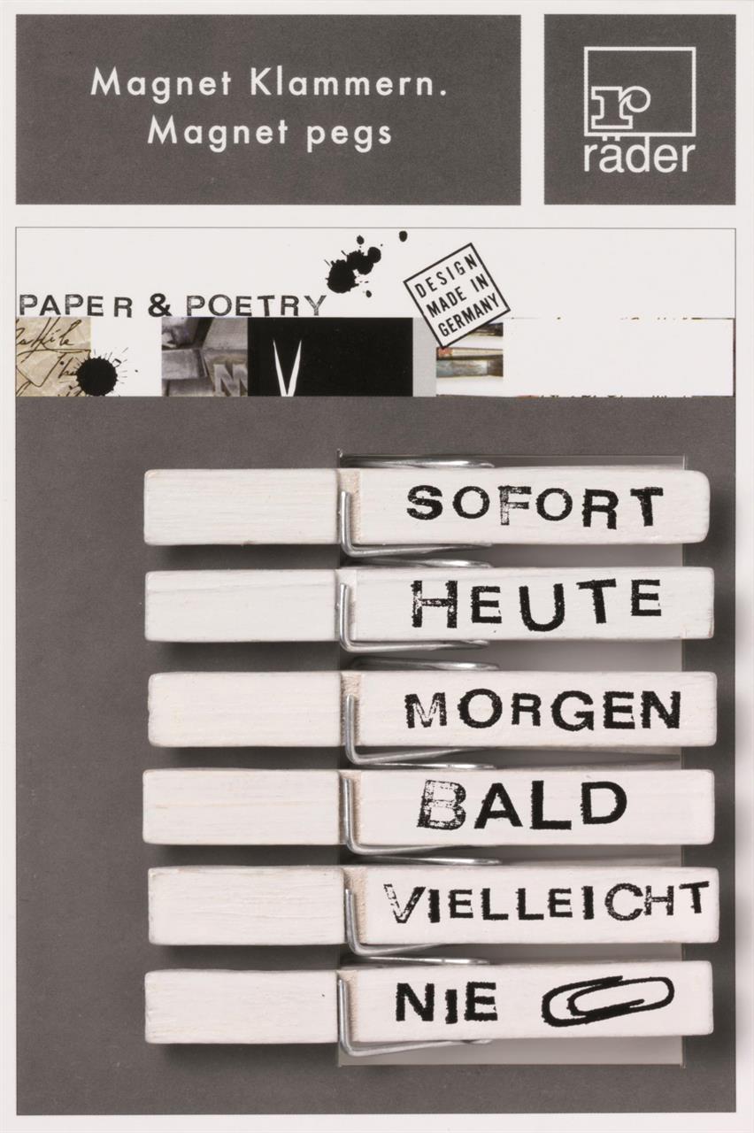 Auf dem Bild sind sechs weiße Magnetklammern mit verschiedenen Aufschriften wie "SOFORT" und "HEUTE" zu sehen. Die Klammern sind als Produkt „Magnetklammern Sofort“ von Räder gestaltet.