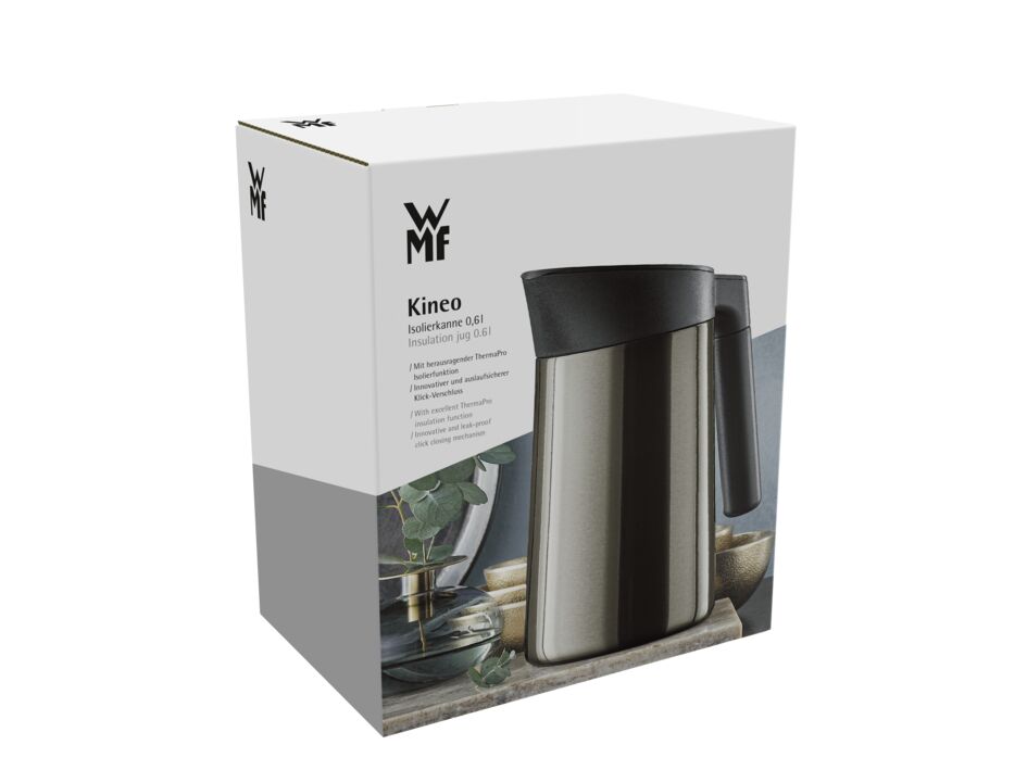 Auf dem Bild ist eine Verpackung der Isolierkanne Grafi 0,6 l Kineo von WMF zu sehen. Die Verpackung zeigt ein Bild der Kanne und einige Produktinformationen.