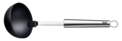 Das Bild zeigt einen Schöpflöffel mit einem schwarzen, runden Löffelkopf und einem silbernen Griff. Er wird zum Servieren von Suppen oder Soßen verwendet.