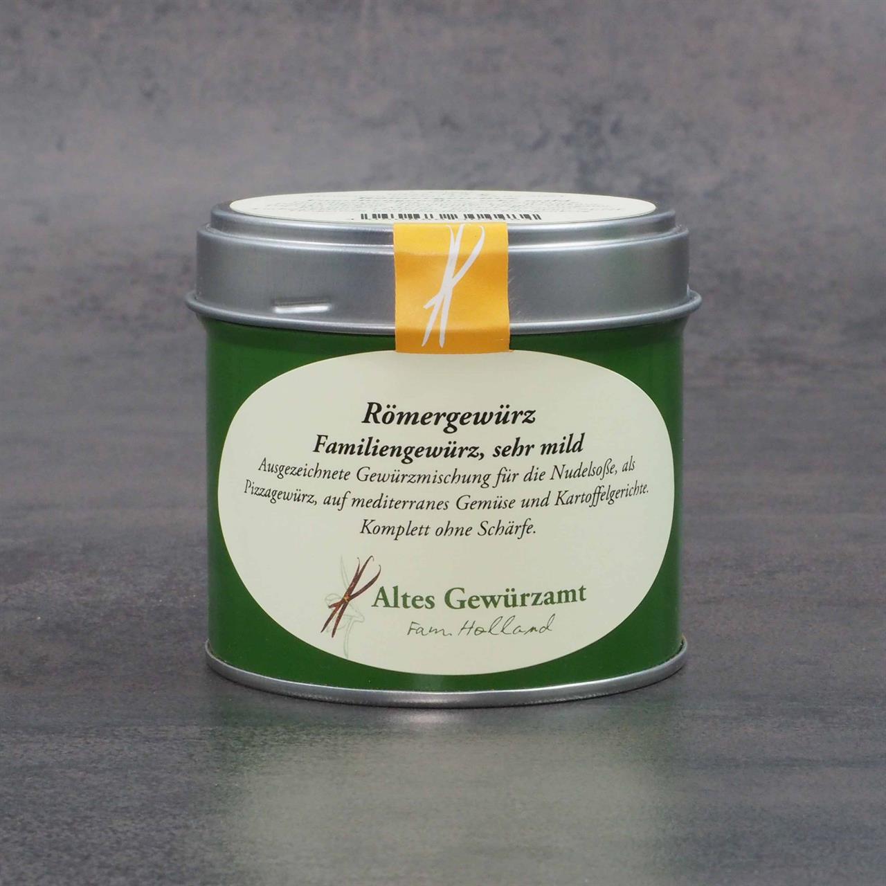 Auf dem Bild ist eine grüne Dose mit dem Produkt "Römergewürz Gewürzmischung 80g sehr mild" zu sehen. Die Dose stammt von "Altes Gewürzamt" und ist mit einem gelben Etikett versehen.