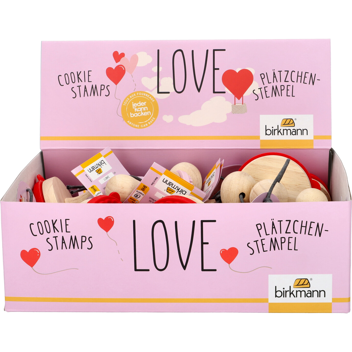 Plätzchenstempel mit dem Spruch 'Love is in the air 2025', sortiert. Ideal, um romantische Kekse für besondere Gelegenheiten zu gestalten.