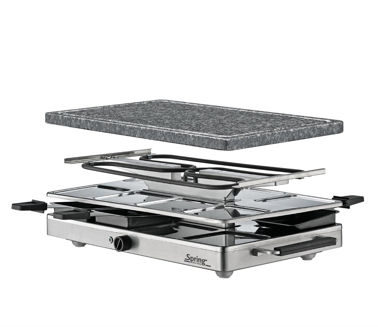 Das Bild zeigt das Produkt "Raclette mit Granitstein Classic EU" in einer Explosionsansicht. Die verschiedenen Teile des Raclette-Geräts, einschließlich der Granitsteinplatte, sind deutlich sichtbar.