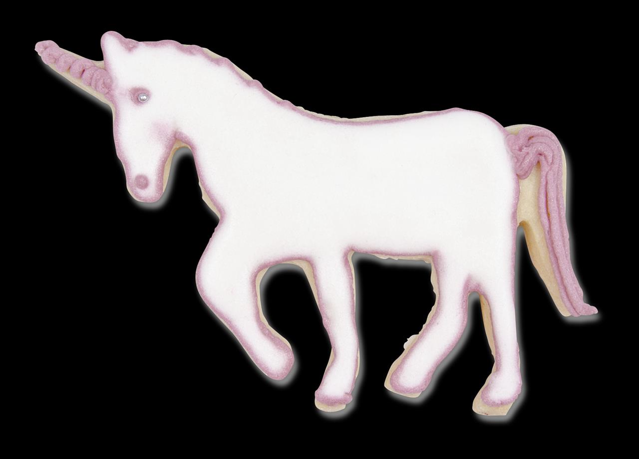 Das Bild zeigt einen Keks in Form eines Einhorns mit weißer und rosa Verzierung. Der Keks wurde mit einem Ausstecher aus Edelstahl hergestellt und ist etwa 10 cm groß.