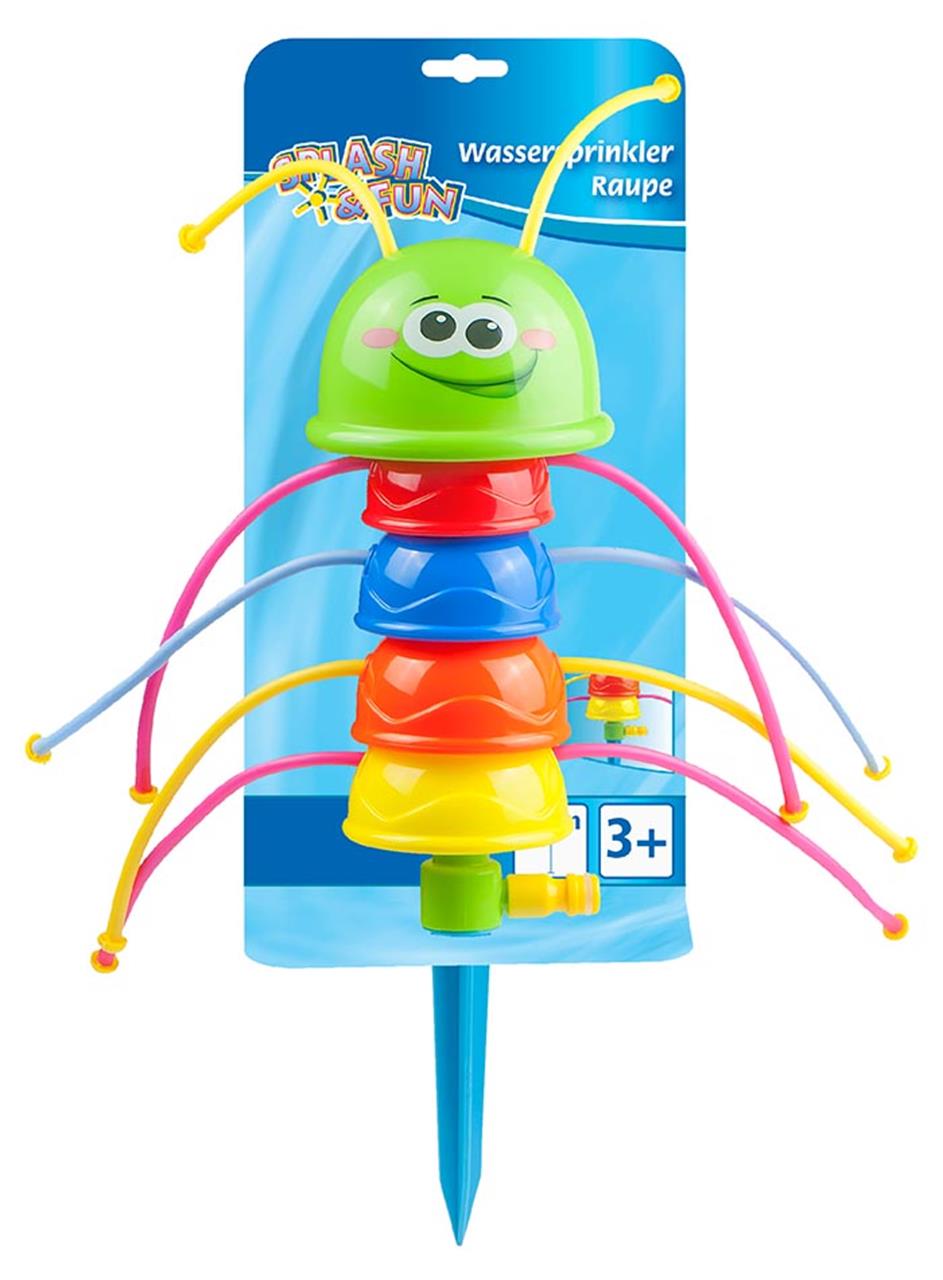 Das Bild zeigt einen bunten Wassersprinkler in Raupenform mit einem freundlichen Gesicht. Der Wassersprinkler ist für Kinder ab 3 Jahren geeignet.