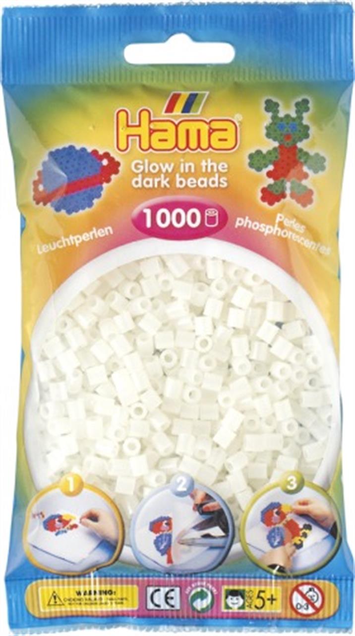 Auf dem Bild ist eine Packung Hama Leuchtperlen in Grün mit 1000 Stück zu sehen. Die Perlen leuchten im Dunkeln und sind für Kinder ab 5 Jahren geeignet.