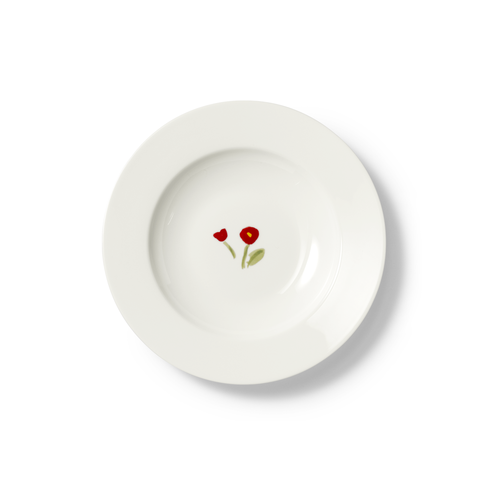 Ein tiefer Teller aus Fine Bone China mit einem roten Blumenmuster. Der Teller hat einen Durchmesser von 23 cm und gehört zur Serie Impression Blume Rot.