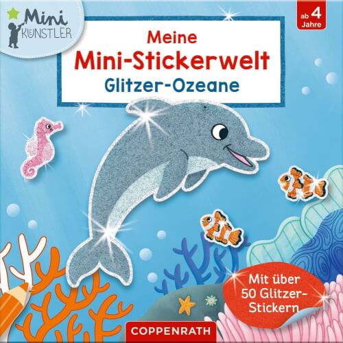 Auf dem Bild ist ein glitzernder Delfin im Ozean zu sehen, umgeben von bunten Fischen und Korallen. Es handelt sich um ein Stickerbuch mit über 50 Glitzer-Stickern für Kinder ab 4 Jahren.