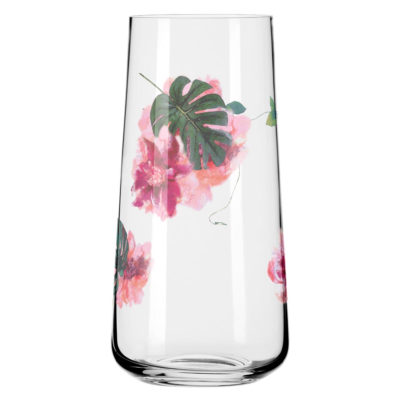 Das Bild zeigt ein klares Glas mit einem floralen Design aus rosa Blumen und grünen Blättern. Das Glas gehört zum Produkt "Sommersonett D-TOX/Wasser 2er Set (Rosenkr) F23".