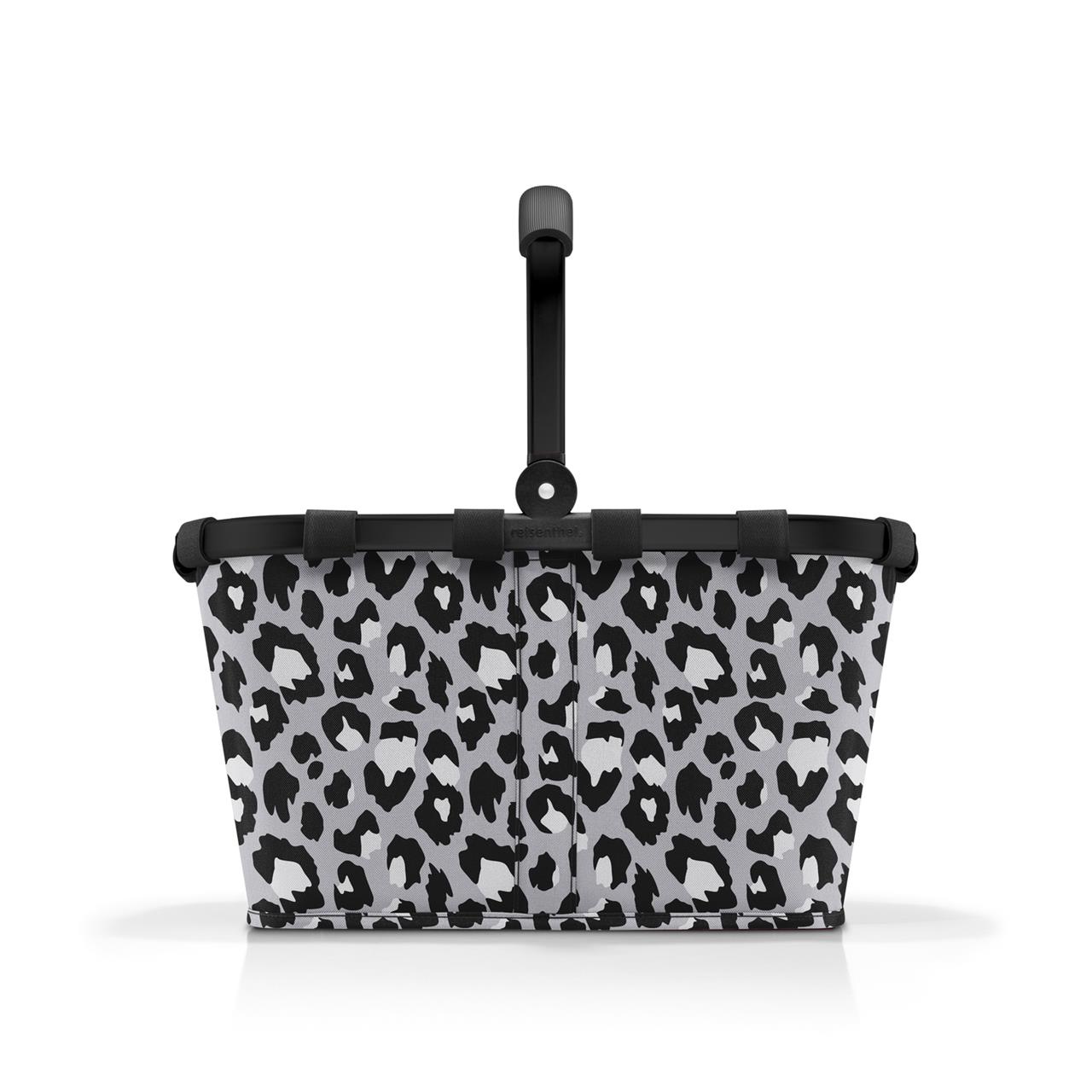 Der Einkaufskorb "Carrybag Frame Leo Nero" hat ein auffälliges Leopardenmuster in Schwarz und Grau. Er besitzt einen stabilen schwarzen Griff und ist ideal zum Einkaufen geeignet.