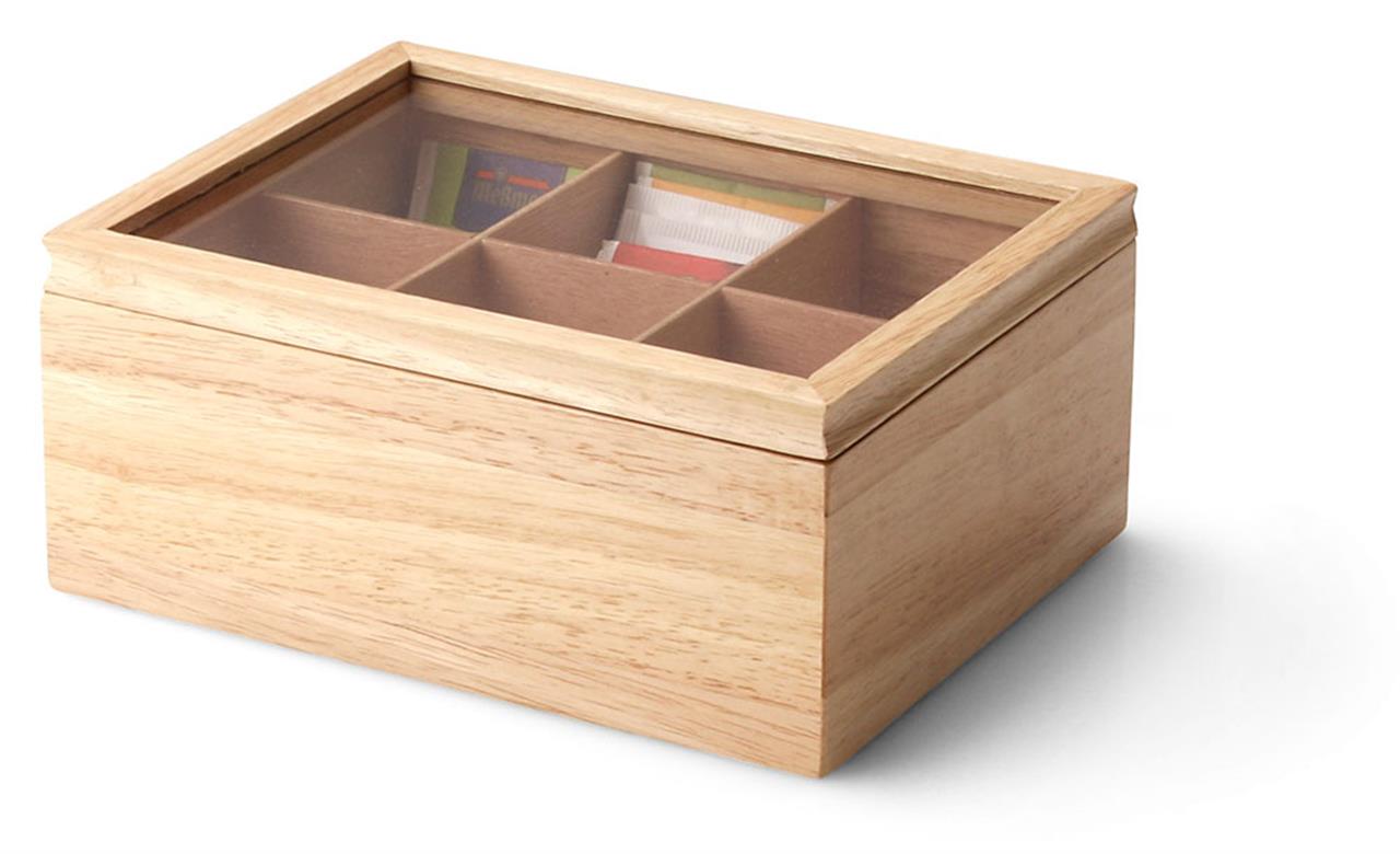 Die Abbildung zeigt eine Teebeutelbox aus Gummibaumholz mit den Maßen 23 x 17,5 cm. Sie hat mehrere Fächer und einen Deckel mit Sichtfenster.