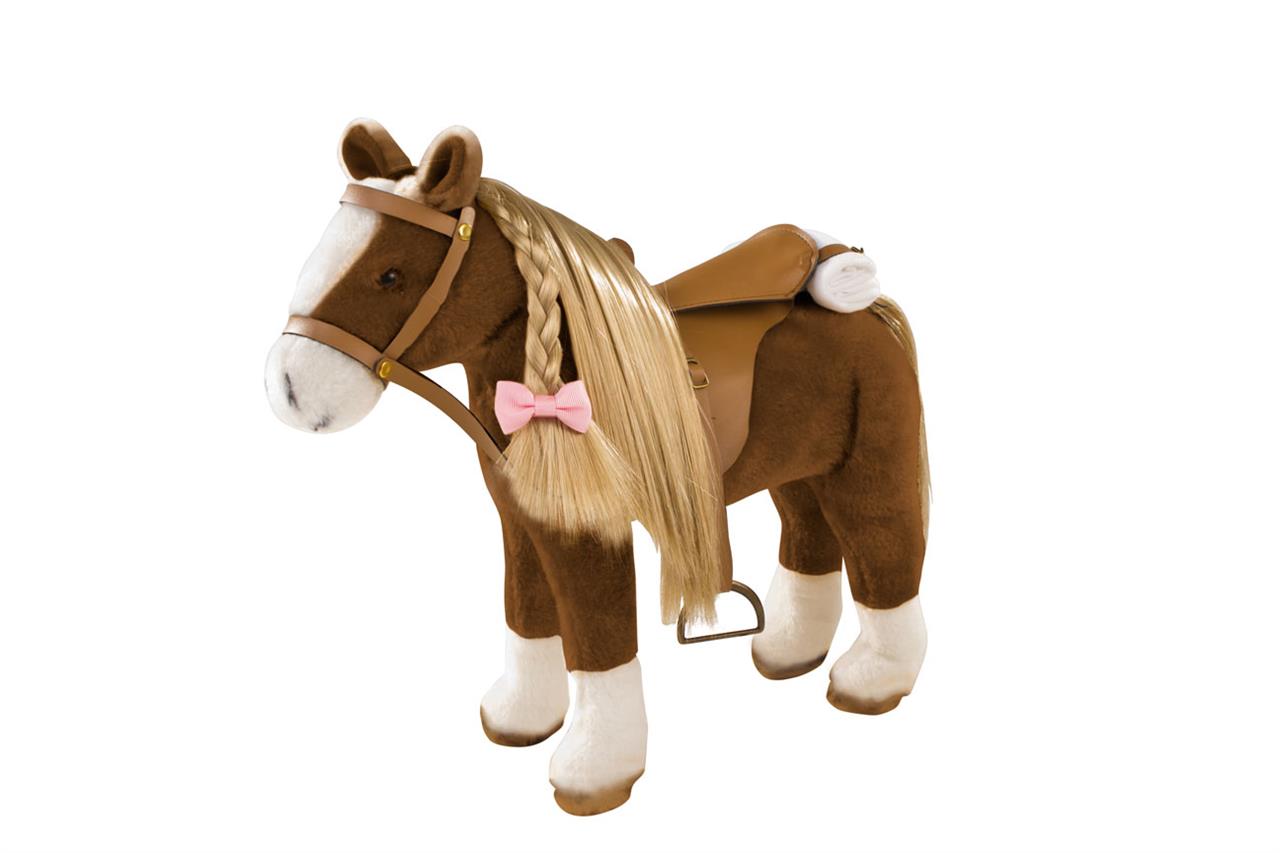Das Bild zeigt ein großes, plüschiges Pferd mit Sattel. Es hat eine geflochtene Mähne mit einer rosa Schleife.