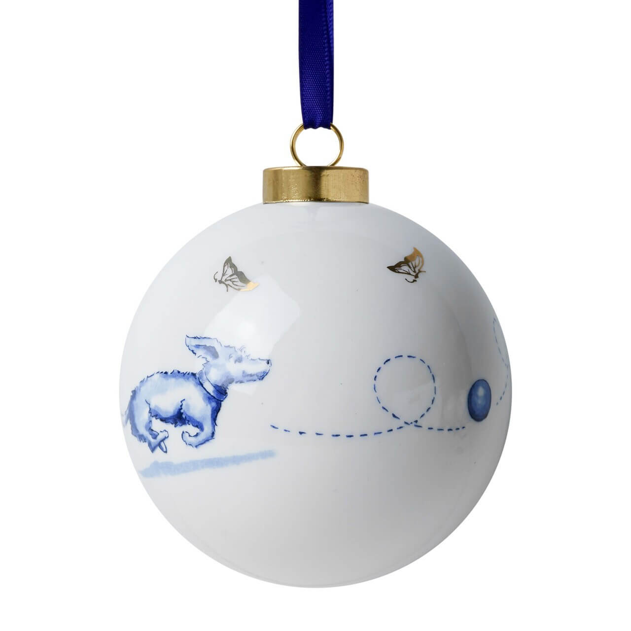 Dekorative Kugel mit Dackel-Motiv beim Ballspiel. Ein lustiges Accessoire für den Weihnachtsbaum.