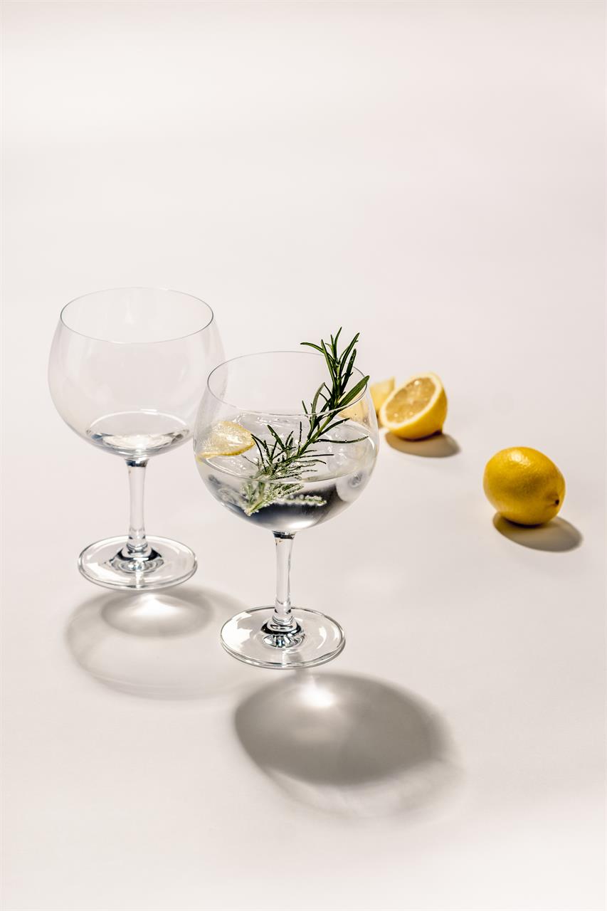 Das Bild zeigt zwei bauchige Gläser, eines davon gefüllt mit Gin Tonic, Eis, einer Zitronenscheibe und einem Zweig Rosmarin. Im Hintergrund liegen eine ganze Zitrone und zwei Zitronenhälften auf dem Tisch.