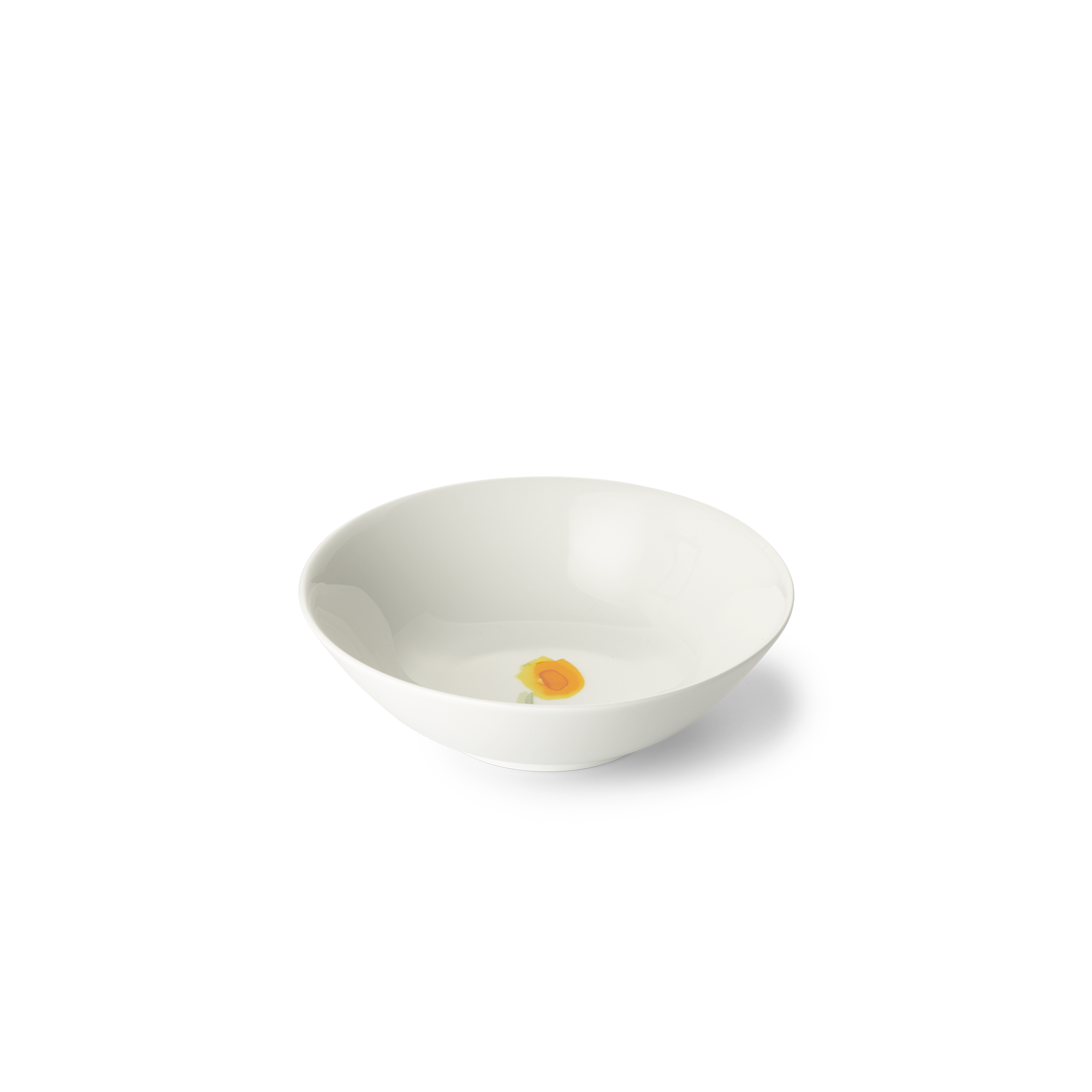 Auf dem Bild ist eine Dessertschale mit gelbem Blumenmuster aus der Serie Impression, 16 cm Durchmesser und 0,40 l Fassungsvermögen. Die Schale besteht aus Fine Bone Porzellan.