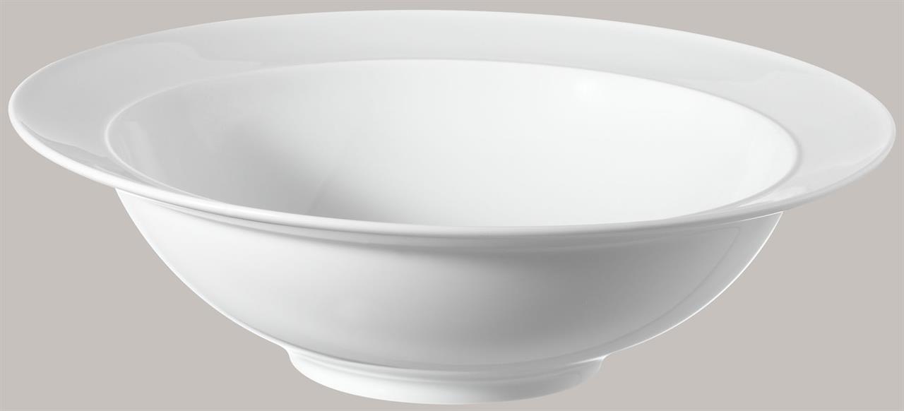 Die Abbildung zeigt eine große, weiße Salatschale mit Fahne und einem Durchmesser von 28 cm. Die Schale hat eine schlichte und elegante Form.