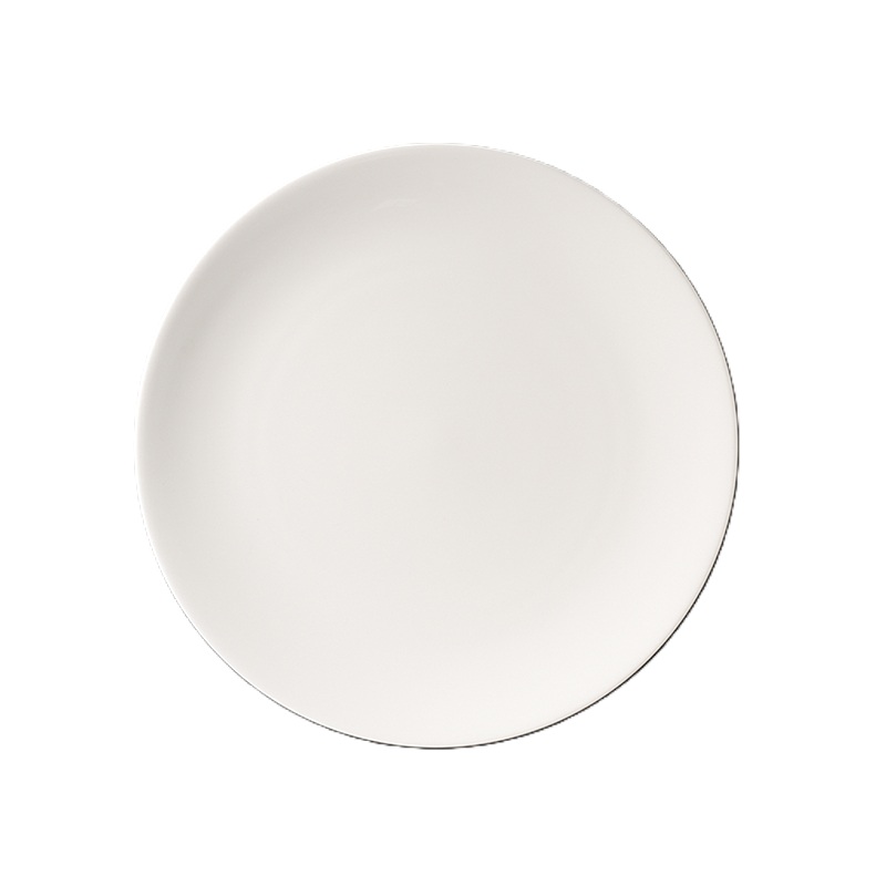 Abgebildet ist ein flacher Teller aus Fine Bone China in reinem Weiß, 26 cm groß. Der Teller strahlt Schlichtheit und Stil aus.