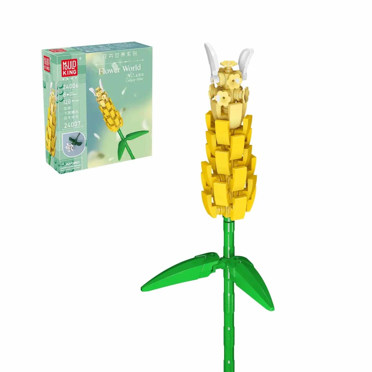 Auf dem Bild ist das Produkt "Mould King® 24006 Dichtähre" zu sehen, ein Blumen-Bausatz aus Klemmbausteinen. Neben dem zusammengesetzten Modell ist auch die Verpackung abgebildet.