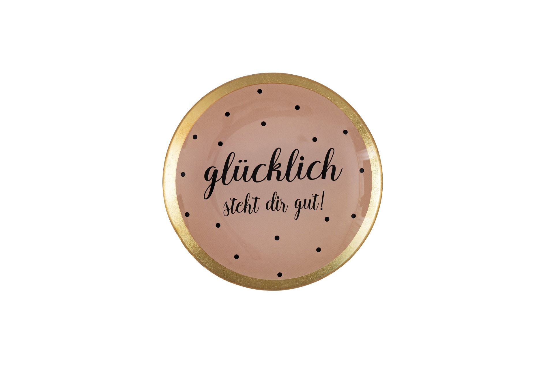 Mittelgroßer Glasteller mit dem Schriftzug 'Glücklich steht..., run'. Der Teller stammt aus der Love Plates Kollektion.