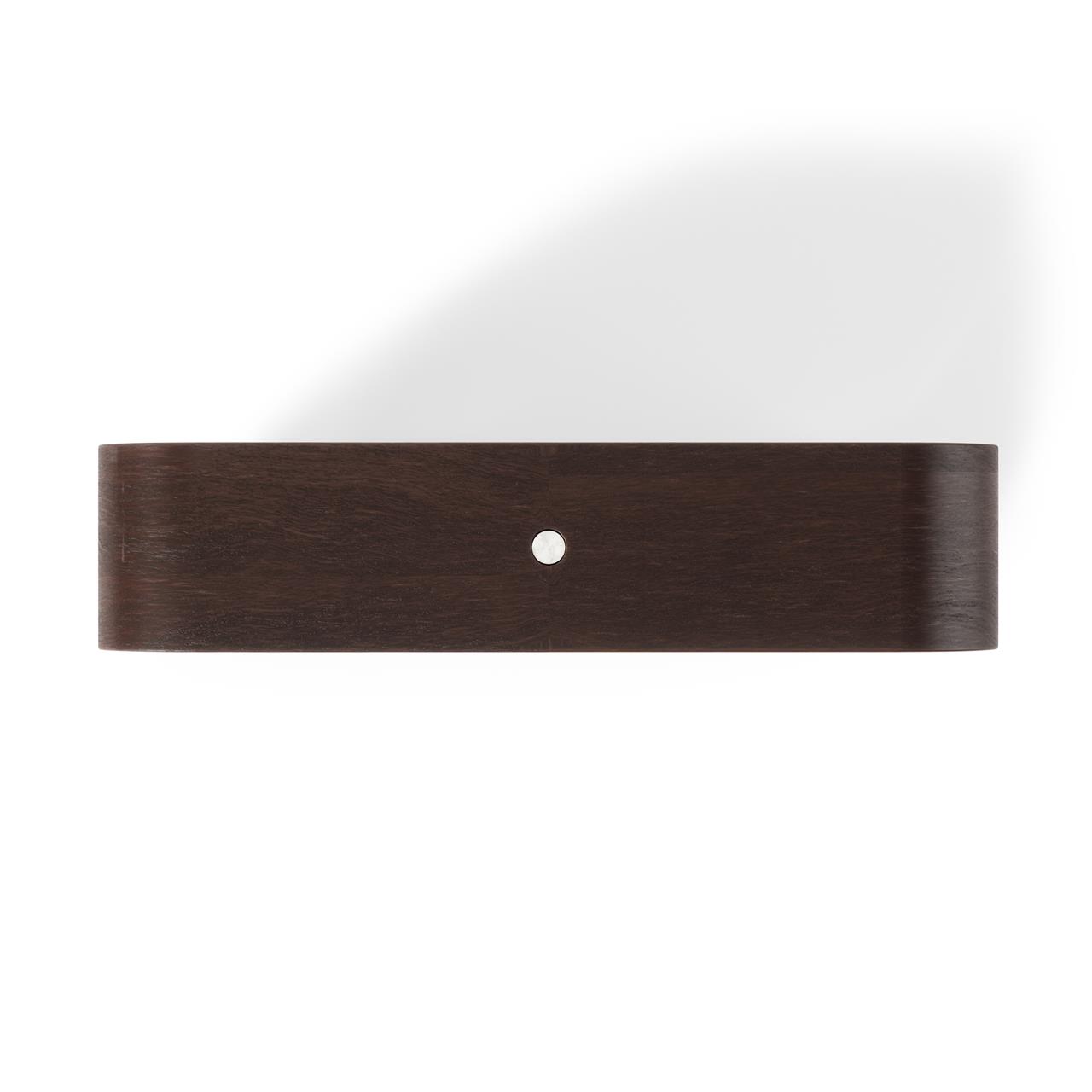 Das Bild zeigt einen Schreibtischrahmen aus Holz in dunkler Walnussoptik. In der Mitte befindet sich eine kleine, runde Metallbefestigung.