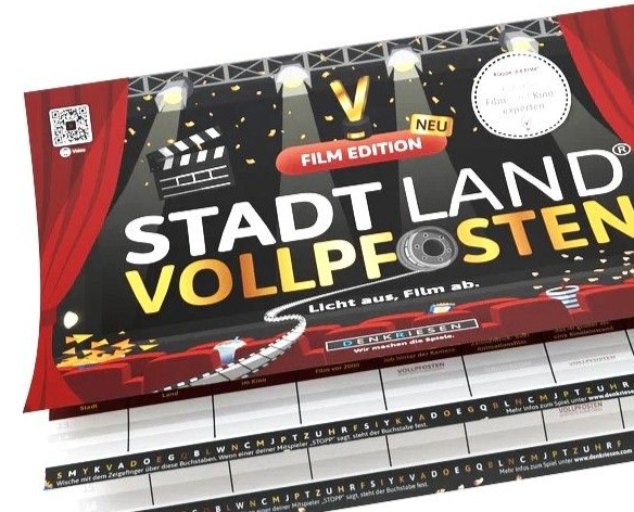 Abgebildet ist die 'STADT LAND VOLLPFOSTEN® Film Edition'. Diese Version des Spiels ist speziell für Filmfans gemacht.