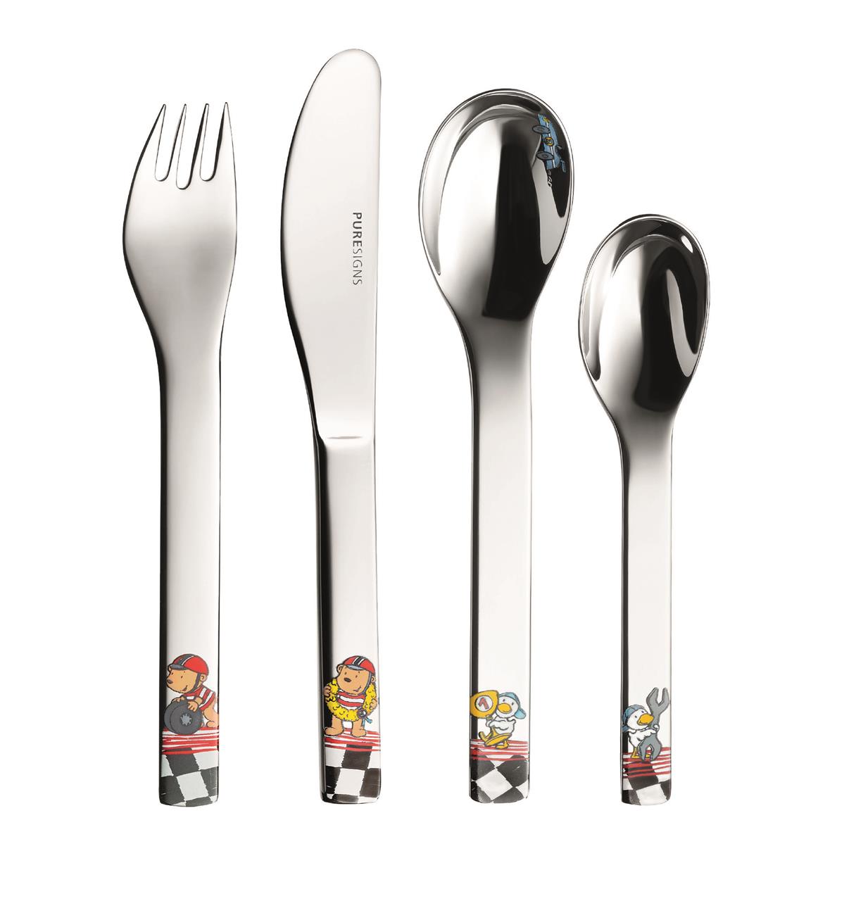 Auf dem Bild ist ein vierteiliges Kinderbesteck-Set „One Quick“ zu sehen. Jedes Besteckteil ist mit bunten Motiven von Tieren im Rennsport-Design verziert.