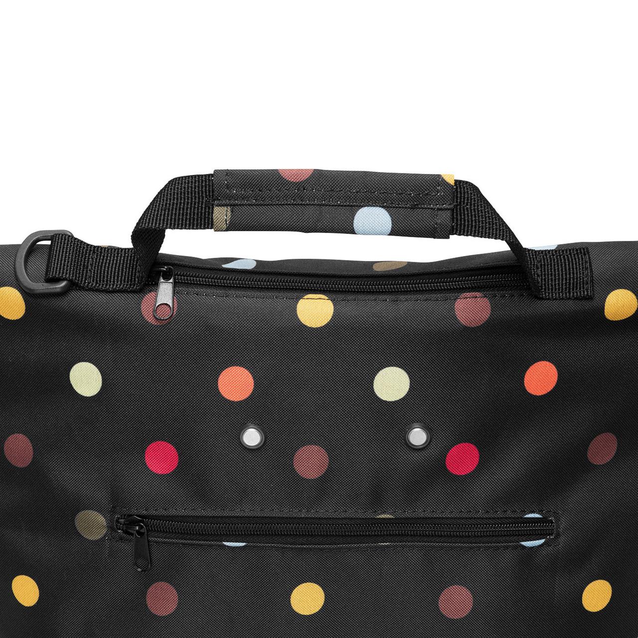 Die Abbildung zeigt eine schwarze Tasche mit bunten Punkten und Reißverschluss. Oben befindet sich ein Tragegriff.
