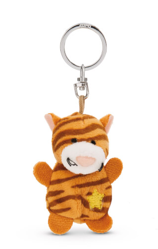 Das Bild zeigt einen Plüsch-Tiger als Schlüsselanhänger. Der Tiger hat orange-braune Streifen und trägt einen kleinen gelben Stern auf seinem Bauch.