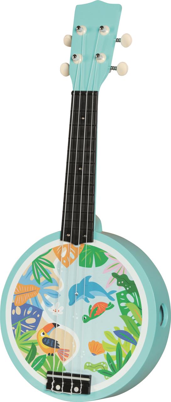 Das Bild zeigt ein hellblaues Banjo mit vier Saiten. Auf dem Korpus ist ein buntes Dschungel- und Tiermotiv abgebildet.