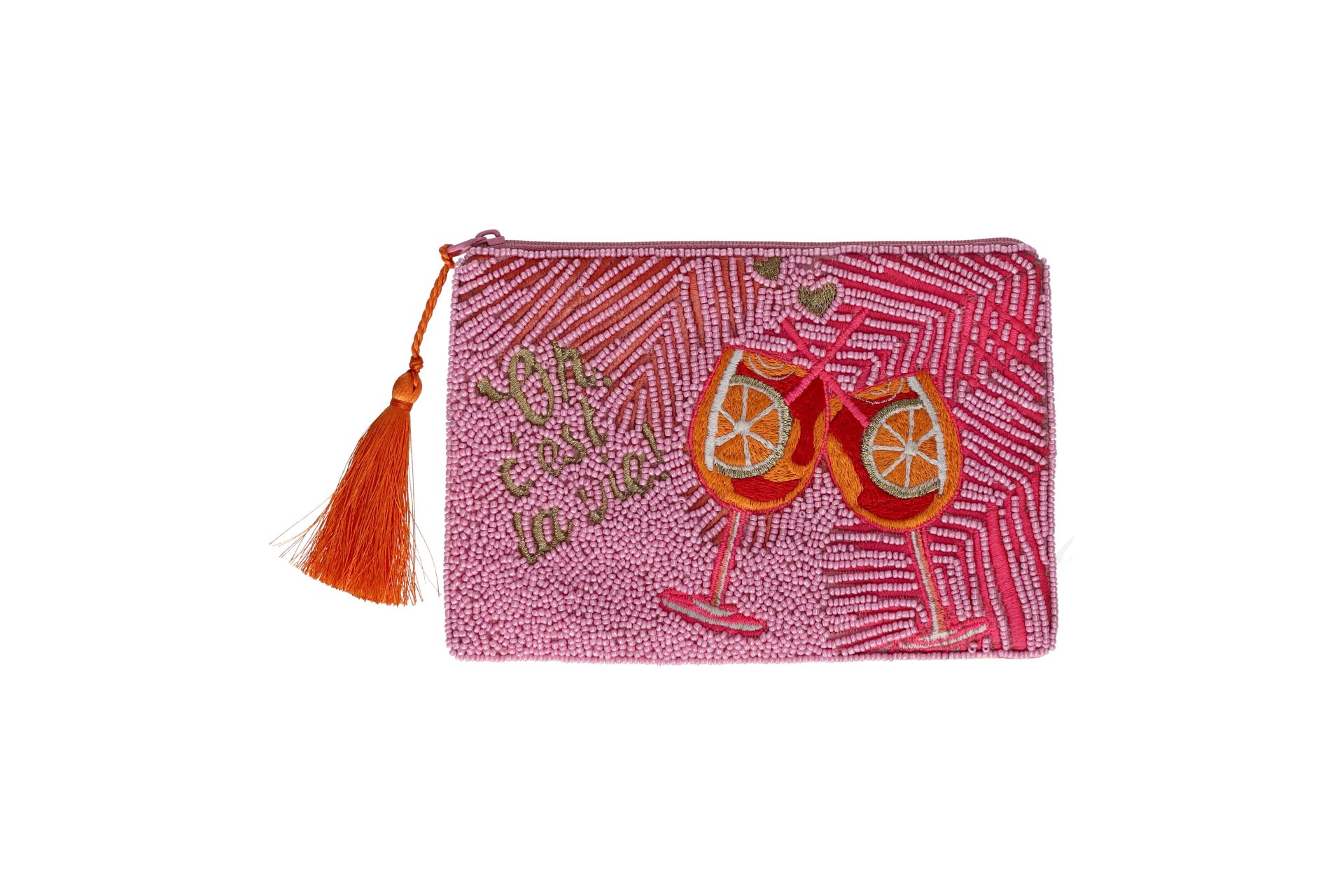 Die Abbildung zeigt die Elodie Kosmetiktasche in Größe M mit dem Motiv 'Oh c'est la vie'. Die Kosmetiktasche hat ein modernes und stilvolles Design.