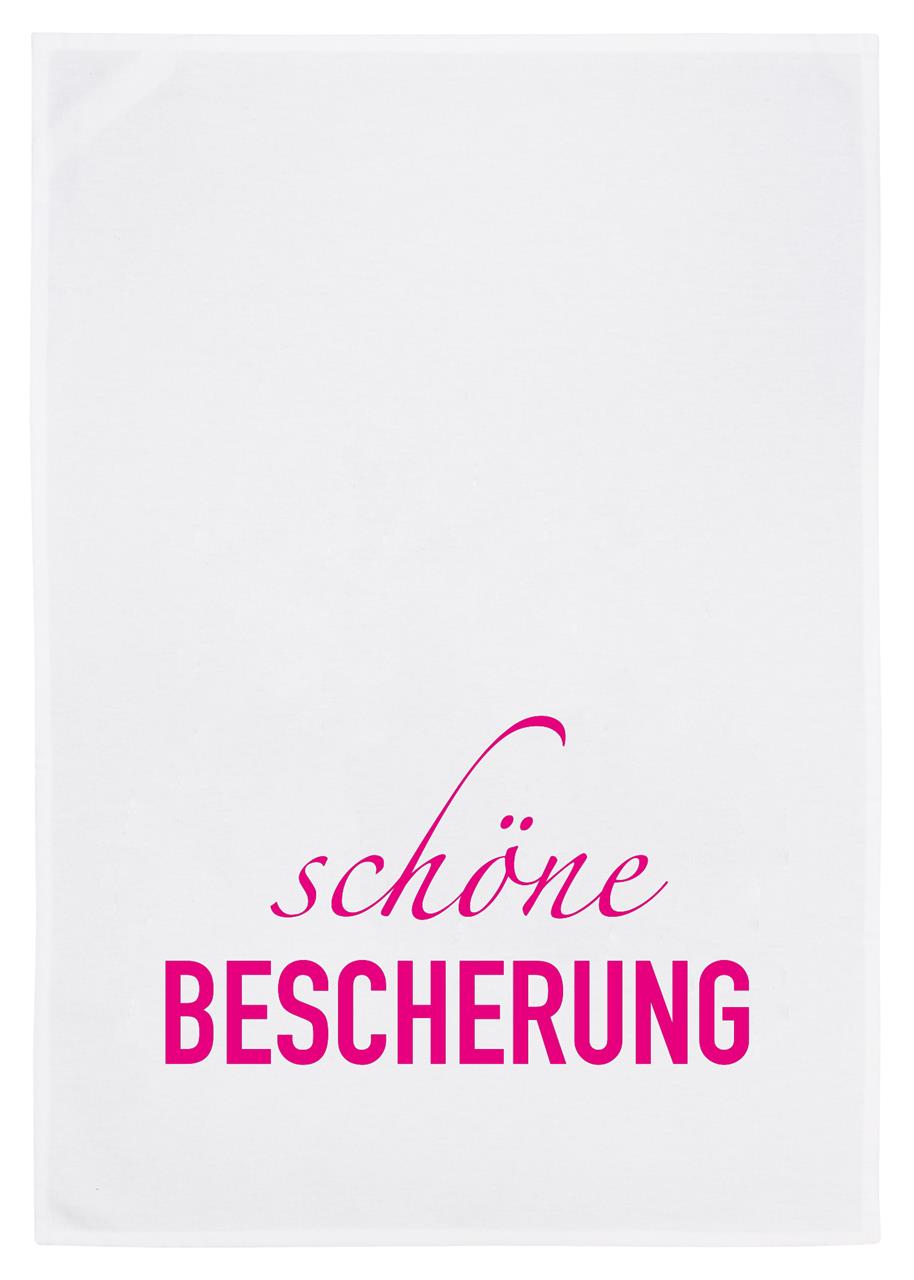 Das Bild zeigt ein weißes Geschirrtuch aus Baumwolle. Auf dem Tuch steht in neonpinker Schrift "schöne Bescherung".