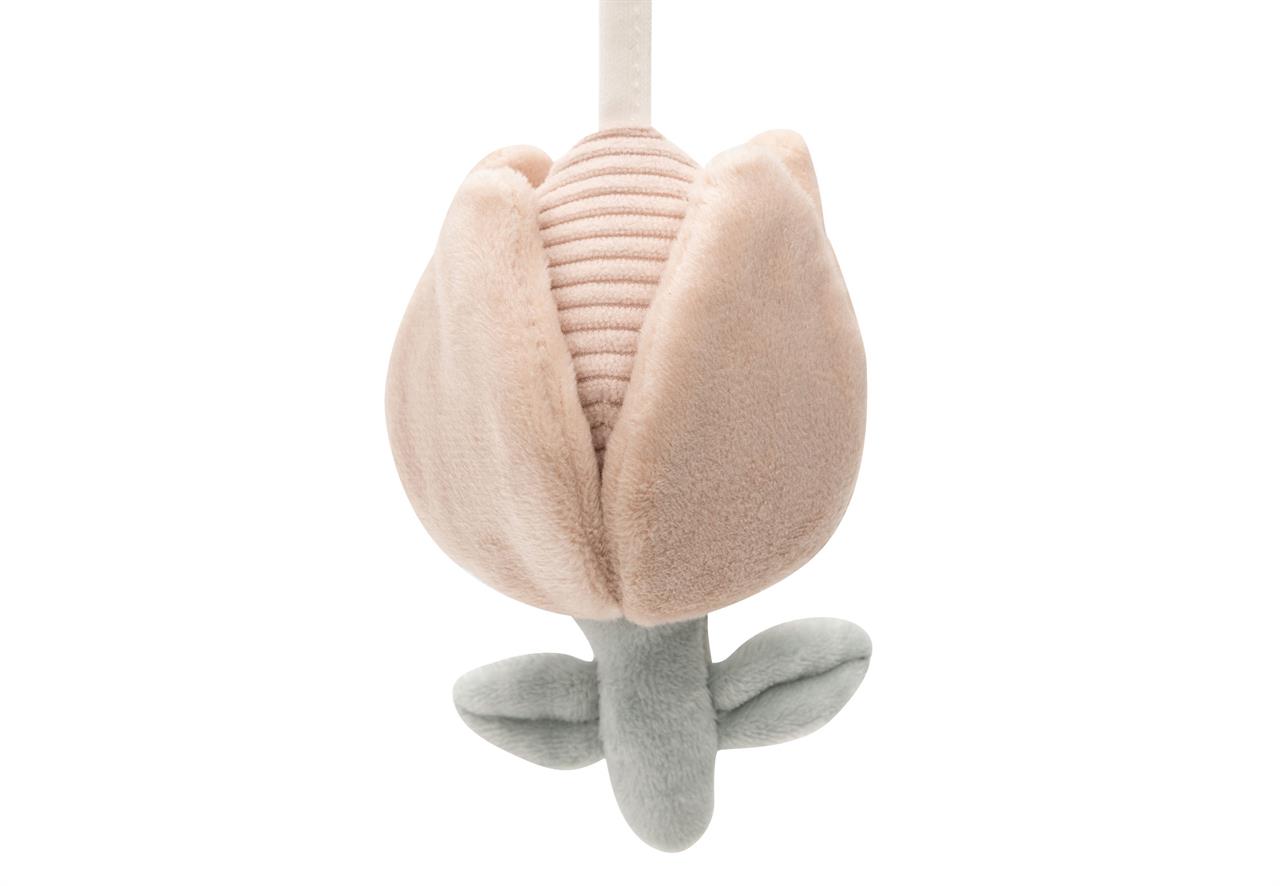 Das Bild zeigt ein weiches, plüschiges Spielzeug in Form einer Blume. Es ist Teil der Kinderwagenkette "Lovely Birds".