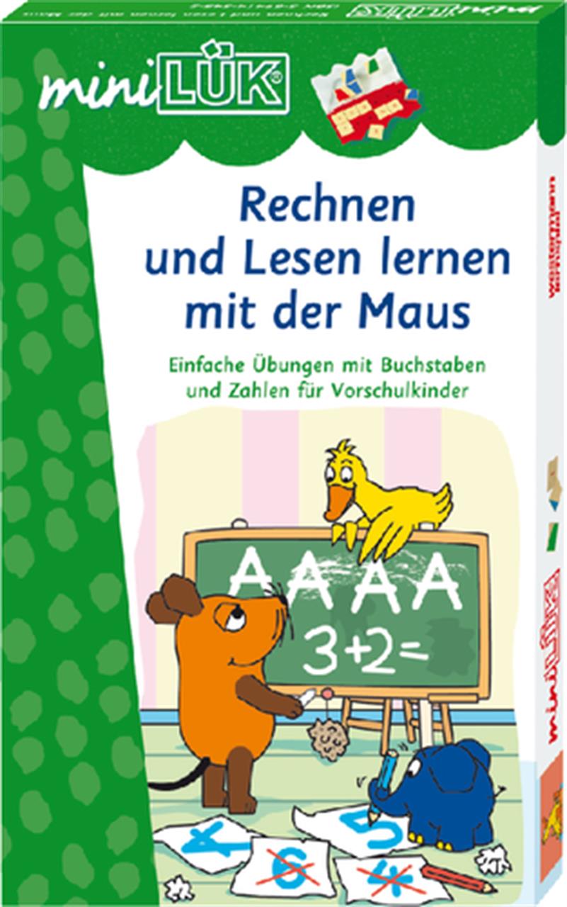 Das Bild zeigt das Produkt "miniLÜK® Set Rechnen und Lesen lernen mit der Maus" für Kinder ab 5 Jahren. Auf dem Cover sind die Figuren Maus, Elefant und Ente zu sehen, die vor einer Tafel mit Buchstaben und Zahlen stehen.