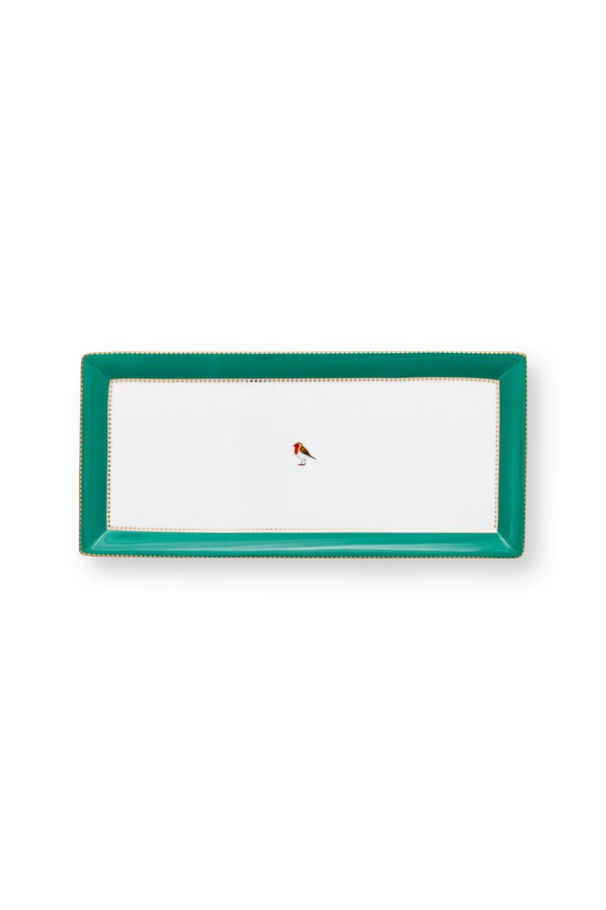Die Abbildung zeigt eine rechteckige Kuchenplatte mit einem smaragdgrünen Rand. In der Mitte der weißen Fläche befindet sich eine kleine Vogel-Illustration.