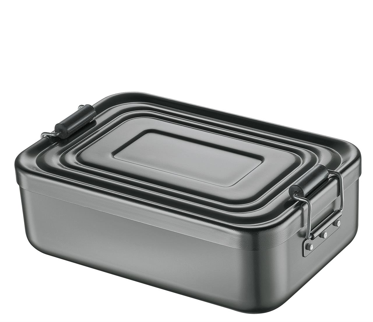 Die Abbildung zeigt eine große Lunchbox aus Aluminium in der Farbe Anthrazit. Die Box hat einen rechteckigen Deckel und seitliche Verschlüsse.