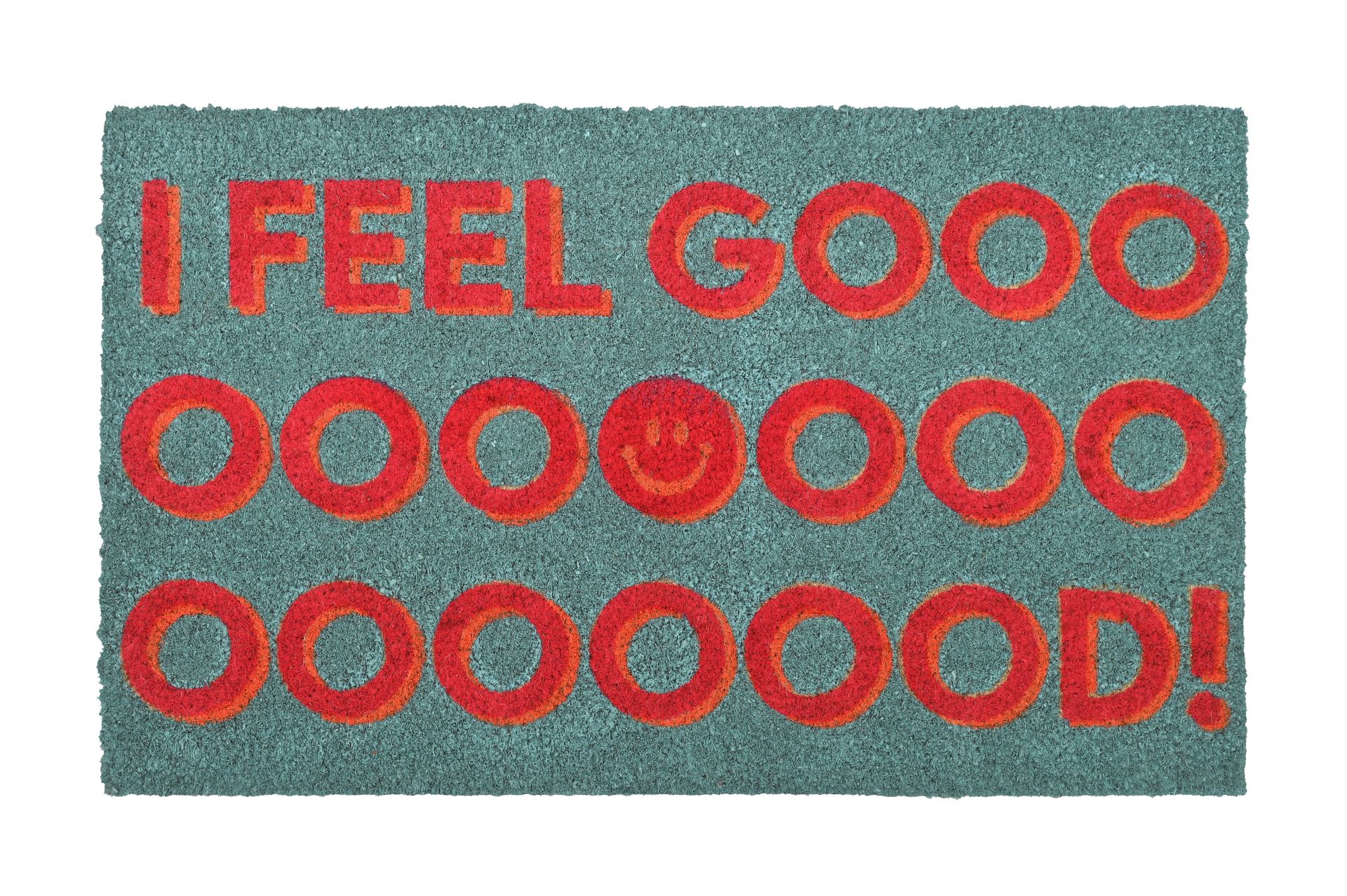 Das Bild zeigt das Produkt 'Fußmatte i feel good türkis'. Die Fußmatte hat eine türkisfarbene Oberfläche mit dem Schriftzug 'i feel good'.