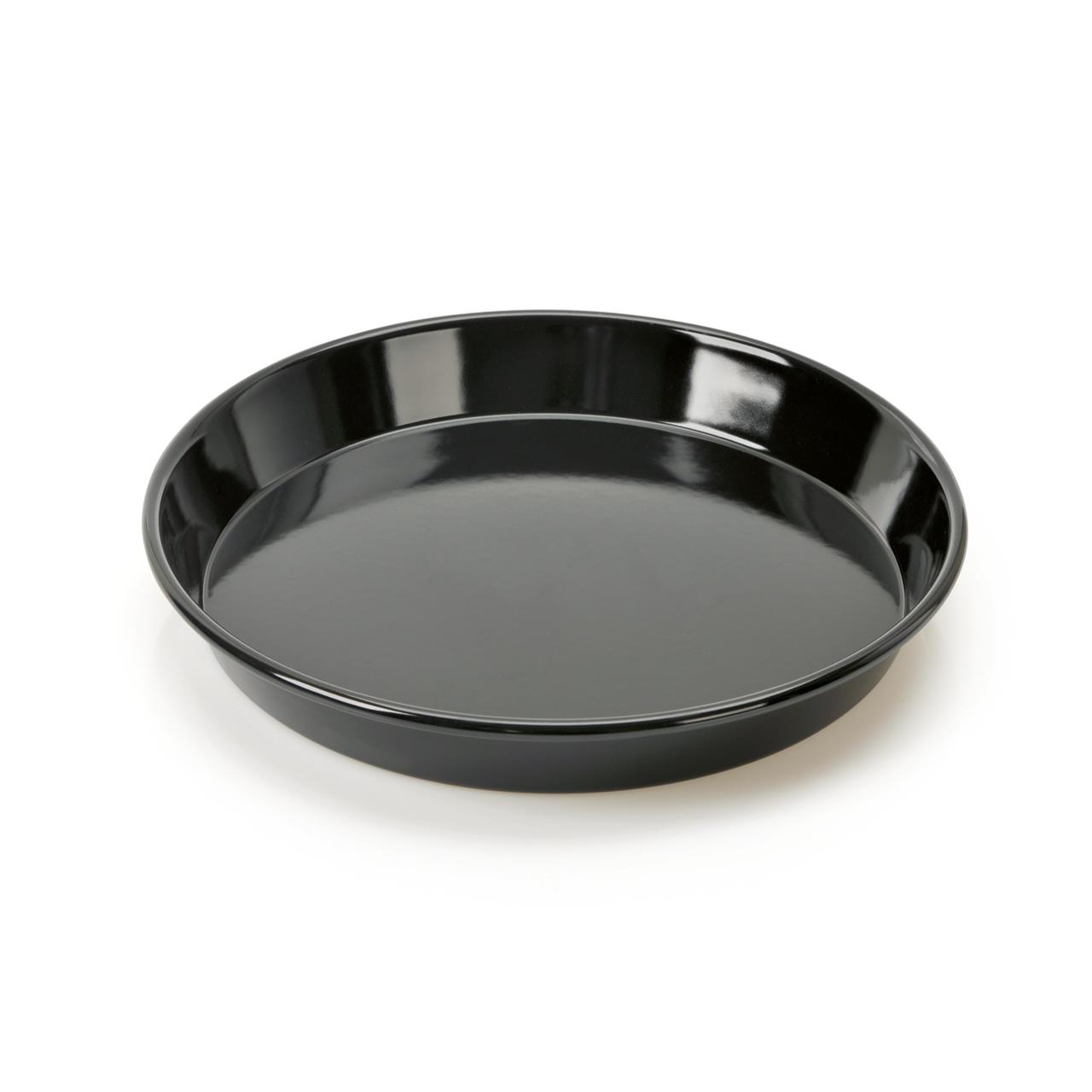 Das Bild zeigt ein rundes, schwarzes Backblech mit einem Durchmesser von 32 cm. Es eignet sich zum Backen von Pizza, Kuchen und anderen Speisen.
