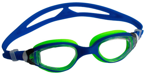 Auf dem Bild ist eine Schwimmbrille zu sehen. Sie hat ein blaues Band und grüne Ränder um die Gläser.