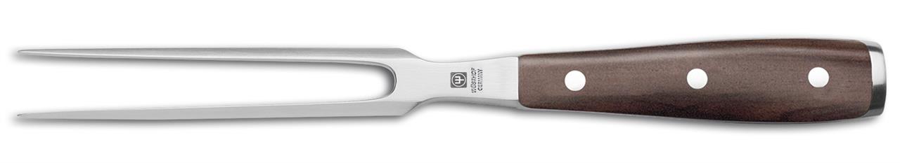 Dies ist eine Fleischgabel mit einer Länge von 16 cm aus der Ikon-Serie. Sie hat zwei lange, scharfe Zinken und einen ergonomischen Holzgriff.