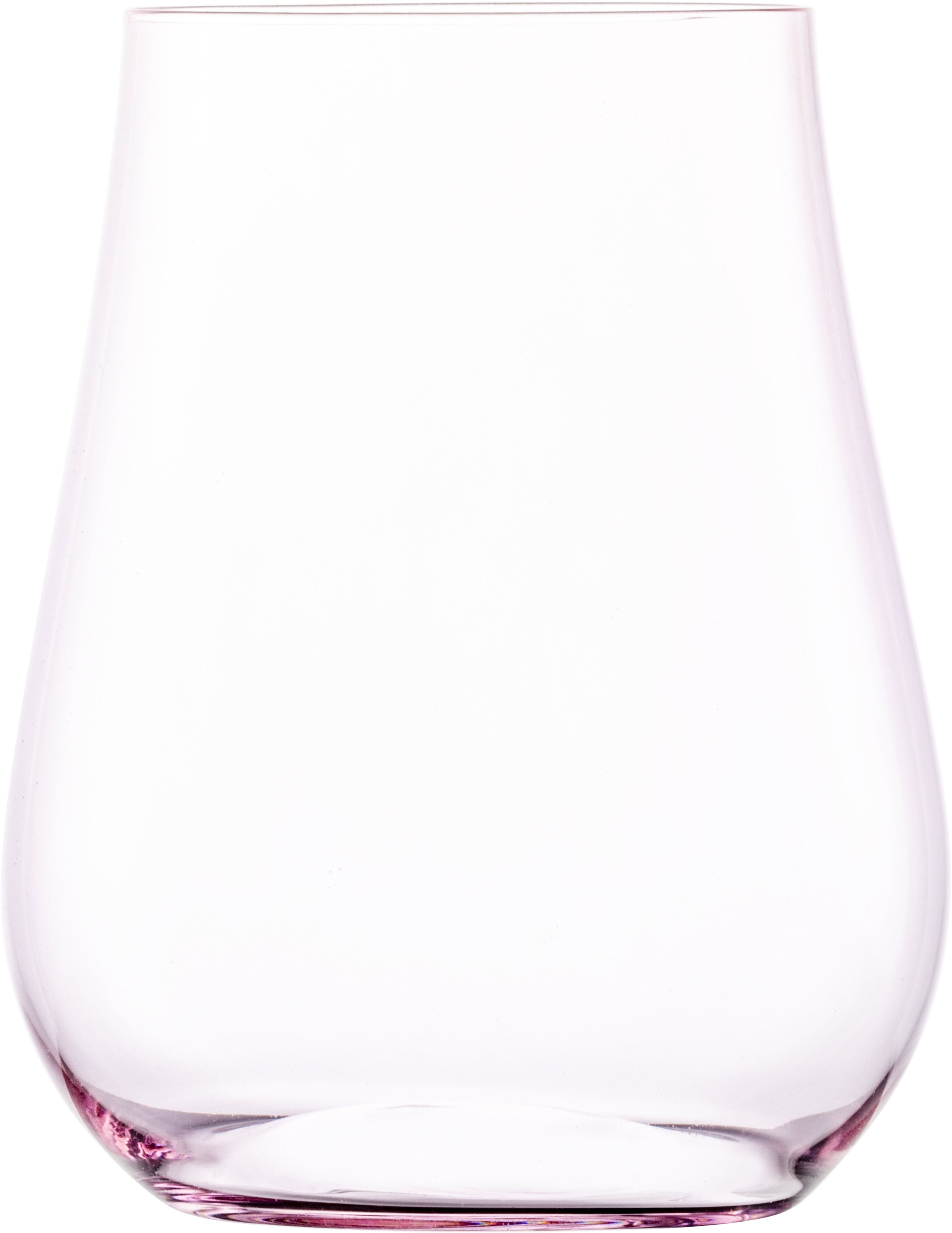 Dies ist ein durchsichtiges Trinkglas mit einer leicht rosafarbenen Färbung am Boden. Das Glas hat eine bauchige Form und verjüngt sich nach oben hin.