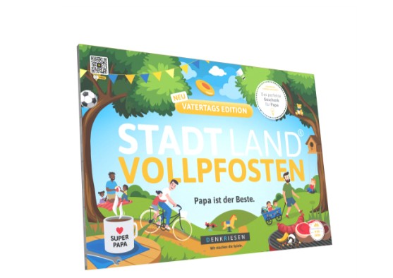 Hier sieht man die 'STADT LAND VOLLPFOSTEN® - Vatertags-Edition'. Das Spiel ist eine besondere Ausgabe für den Vatertag.