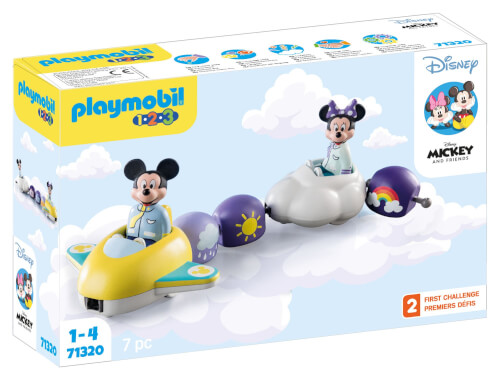 Auf dem Bild ist eine Playmobil-Spielzeugpackung mit Mickey und Minnie Maus zu sehen. Die Figuren sitzen in kleinen Flugzeugen und sind von Wolken umgeben.