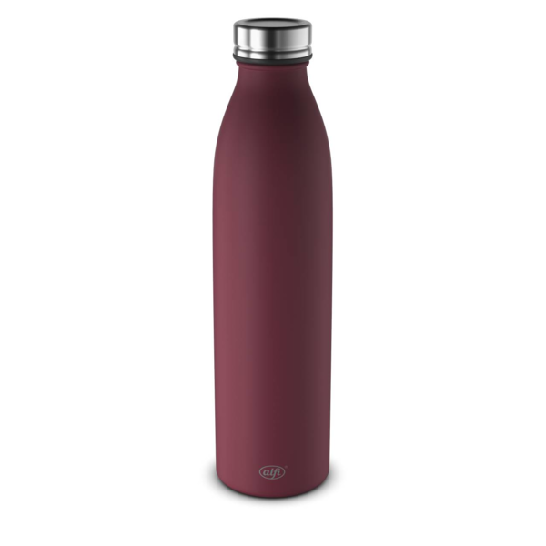 Zu sehen ist eine dunkelrote Isolierflasche. Das Produkt steht senkrecht auf dem Untergrund.