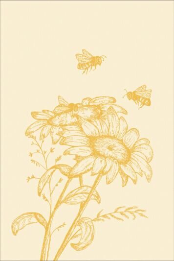 Auf dem Geschirrtuch sind gelbe Blumen und fliegende Bienen abgebildet. Das Muster ist in honiggelber Farbe auf beigem Hintergrund gestaltet.