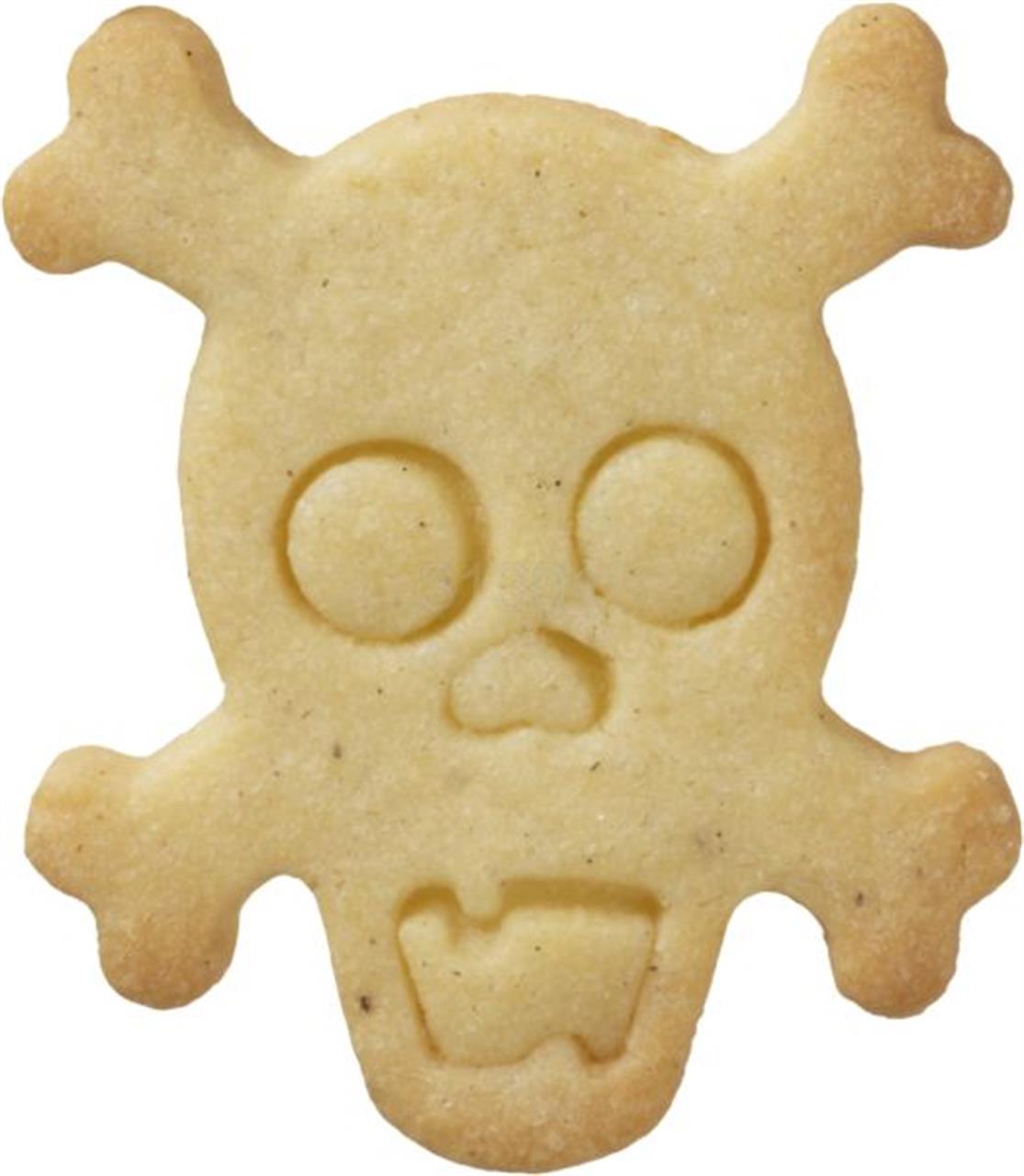Das Bild zeigt einen Keks in Form eines Totenkopfes mit gekreuzten Knochen. Die Form wurde mit dem Ausstecher „Ausstechform, Totenkopf 7cm“ hergestellt.