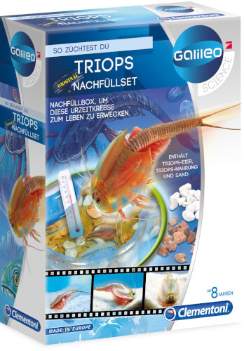 Auf der Verpackung ist ein Set zur Aufzucht von Triops zu sehen. Es enthält Triops-Eier, Futter, Sand und ist für Kinder ab 8 Jahren geeignet.