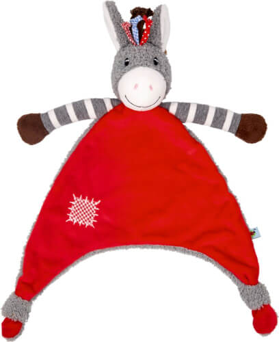 Das Bild zeigt ein Kuscheltuch in Form eines Esels mit einem roten Körper. Die Arme und Beine sind gestreift, und der Esel hat ein freundliches Gesicht.
